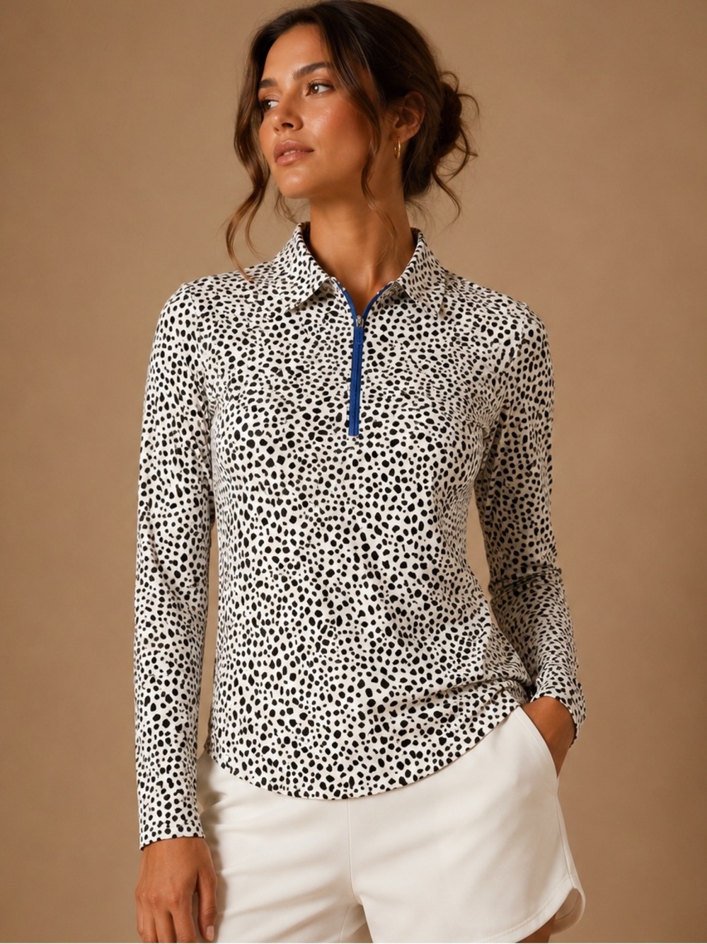 BCG White Black Dalmatian Animal Print Quarter Zip Long Sleeve Golf Tennis Top